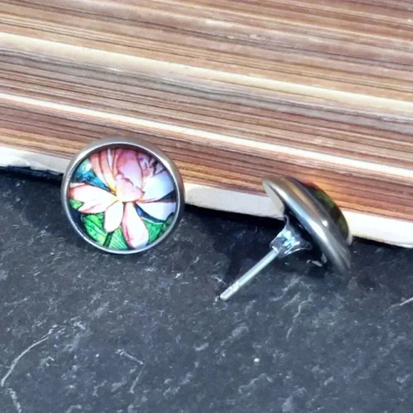 Lotus Flower Zen Garden Pink Green Antiqued Brass Stud Handcrafted Earrings - Picture 6 of 8